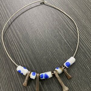 Handcrafted Blue and White Ceramic Bead Necklace